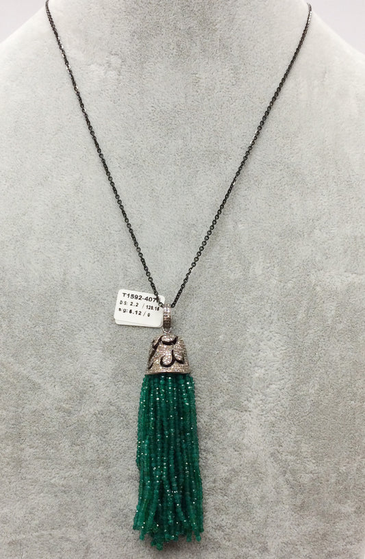Diamond And Green onyx Tassel Necklace. 925 Oxidized Sterling Silver Diamond Tassel.