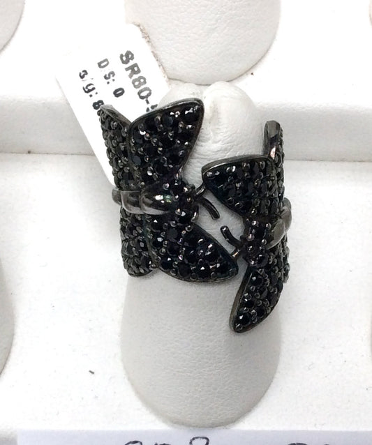 Butterfly Black Spinal Ring .925 Oxidized Sterling Silver Black Spinal Ring, Genuine handmade pave Black Spinal Ring Size Approx(21x29 mm)