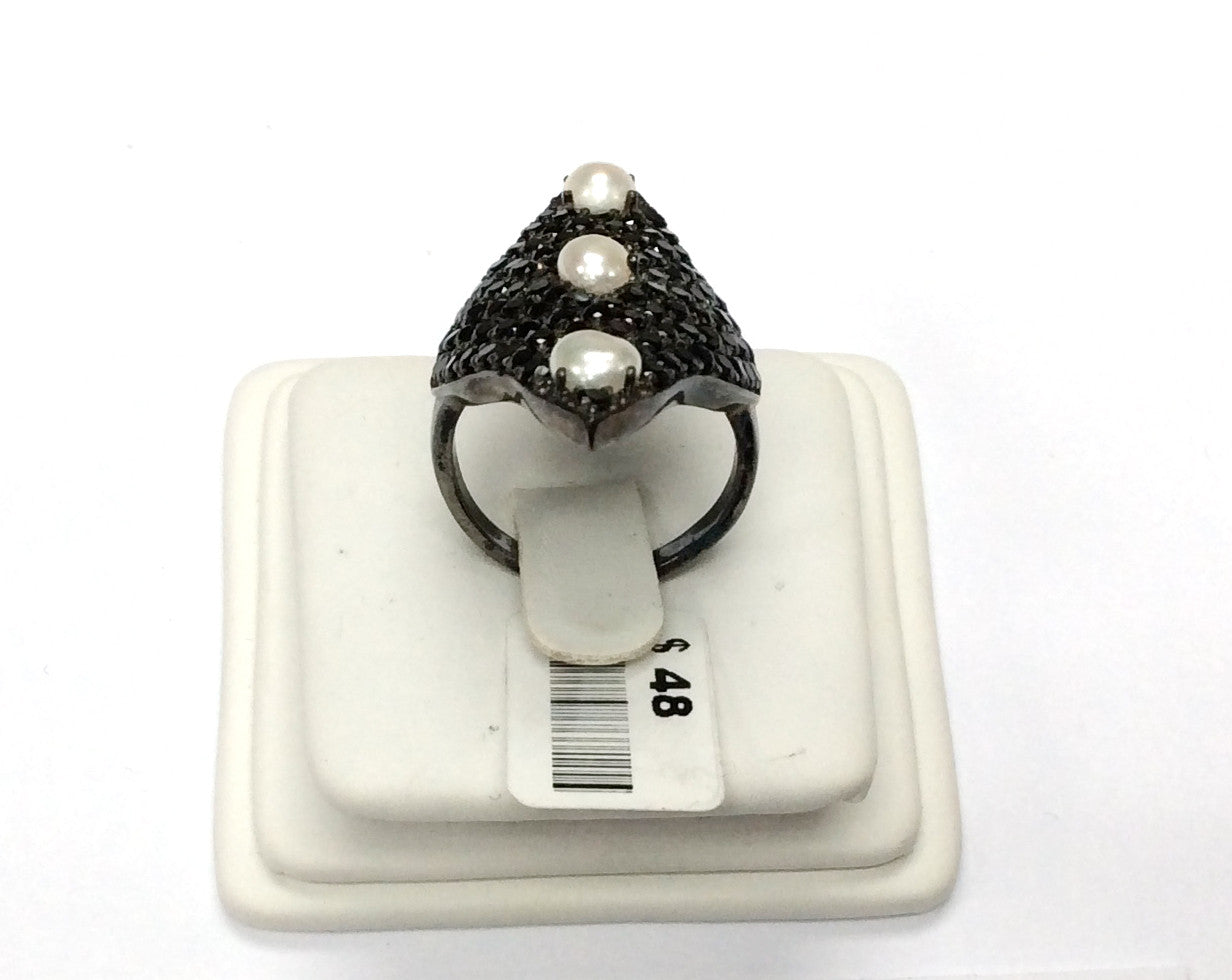Black Spinel Ring With Pearl .925 Oxidized Sterling Silver Black Spinal Ring, Genuine handmade pave Black Spinal Ring Size Approx(20x38 mm)