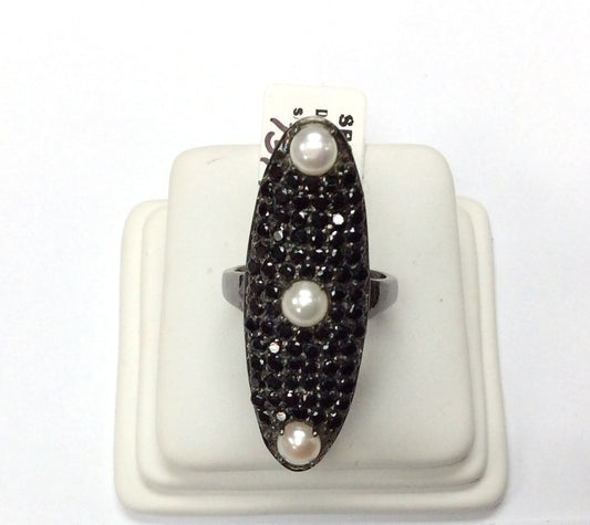 Black Spinel Ring With Pearl .925 Oxidized Sterling Silver Black Spinal Ring, Genuine handmade pave Black Spinal Ring Size Approx(13x39 mm)