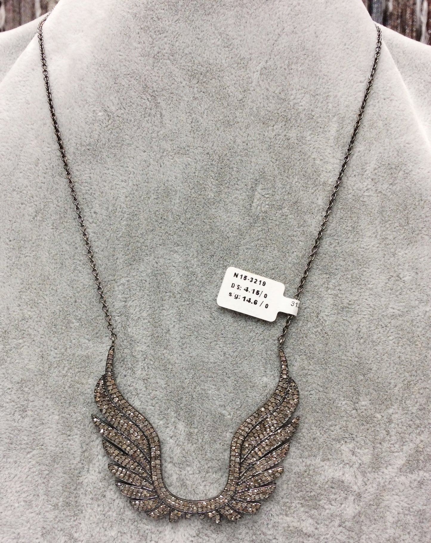 Wings Pave Diamond Necklace .925 Oxidized Sterling Silver Diamond Necklace, Genuine handmade pave diamond Necklace Size 59 MM