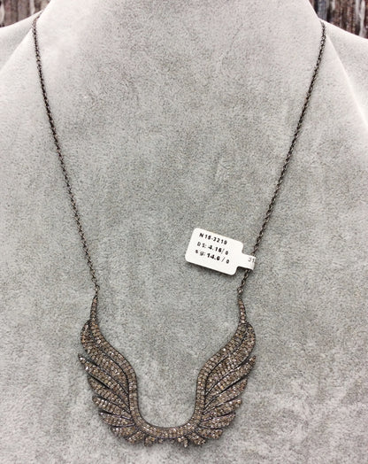 Wings Pave Diamond Necklace .925 Oxidized Sterling Silver Diamond Necklace, Genuine handmade pave diamond Necklace Size 59 MM