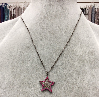 Star Diamond Necklace .925 Oxidized Sterling Silver Diamond Necklace, Genuine handmade pave diamond Necklace Size Approx 1.12"(28 x 25 mm)