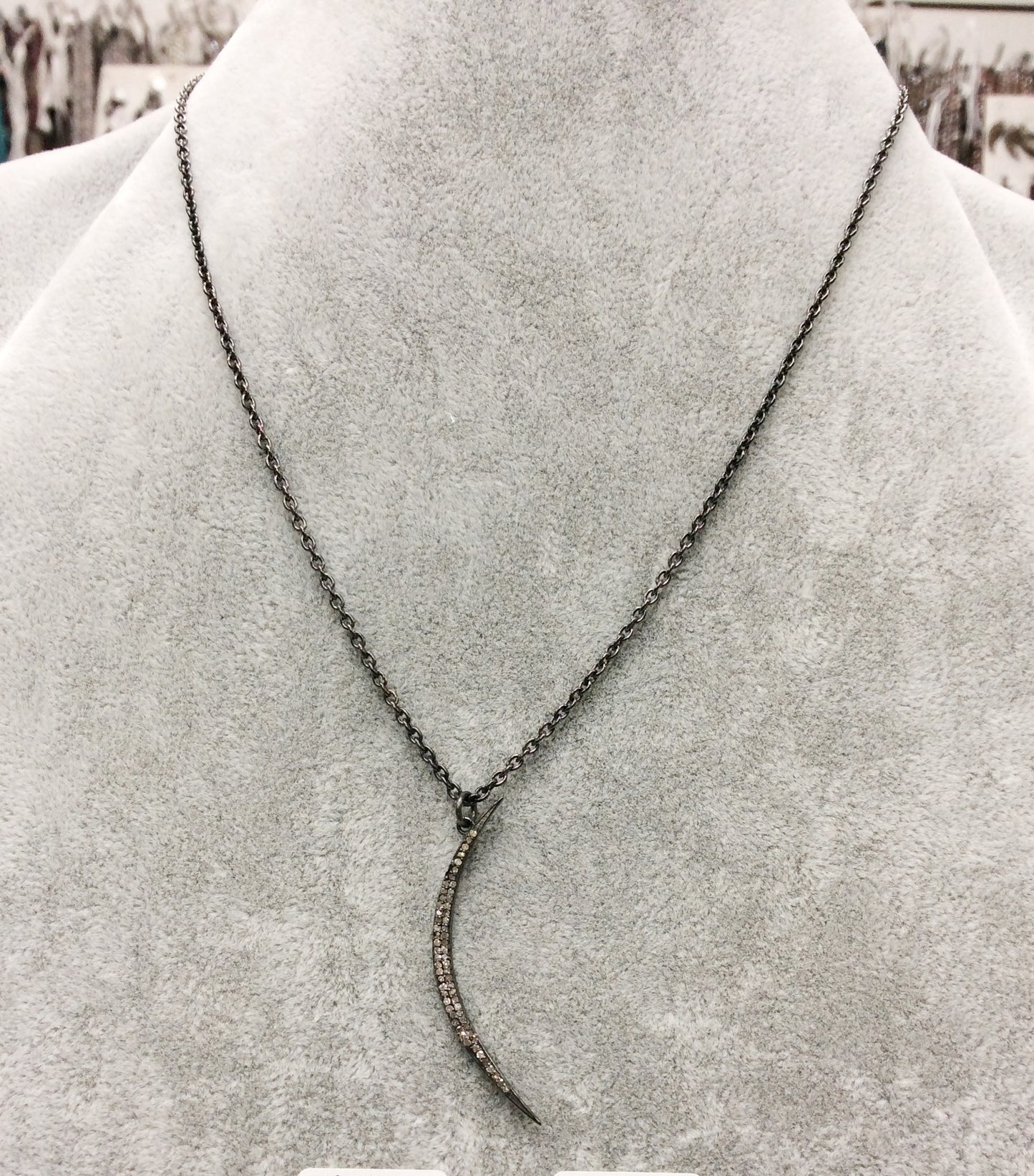 Moon Shaped Diamond Necklace .925 Oxidized Sterling Silver Diamond Necklace, Genuine handmade pave diamond Necklace Size Approx 1.56"(12 x 39 MM )