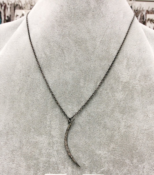 Moon Shaped Diamond Necklace .925 Oxidized Sterling Silver Diamond Necklace, Genuine handmade pave diamond Necklace Size Approx 1.56"(12 x 39 MM )