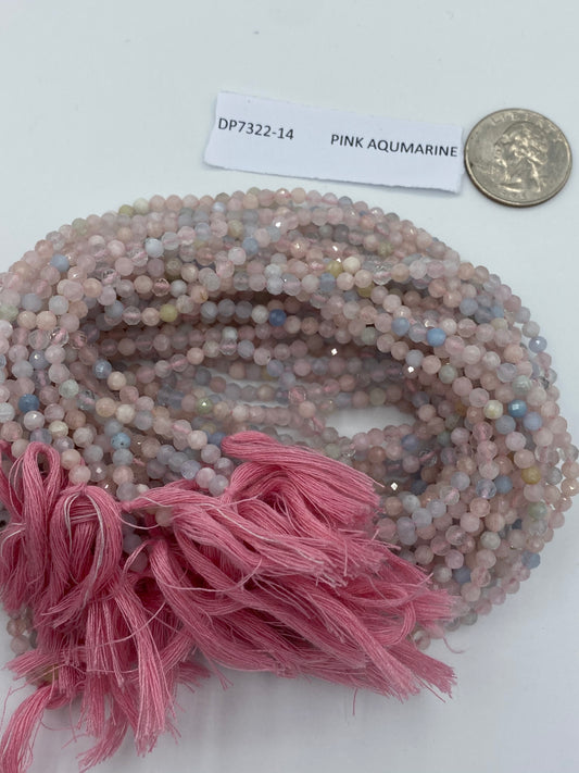 PINK AQUMARINE BEADS ROUND FACETED 3-4MM