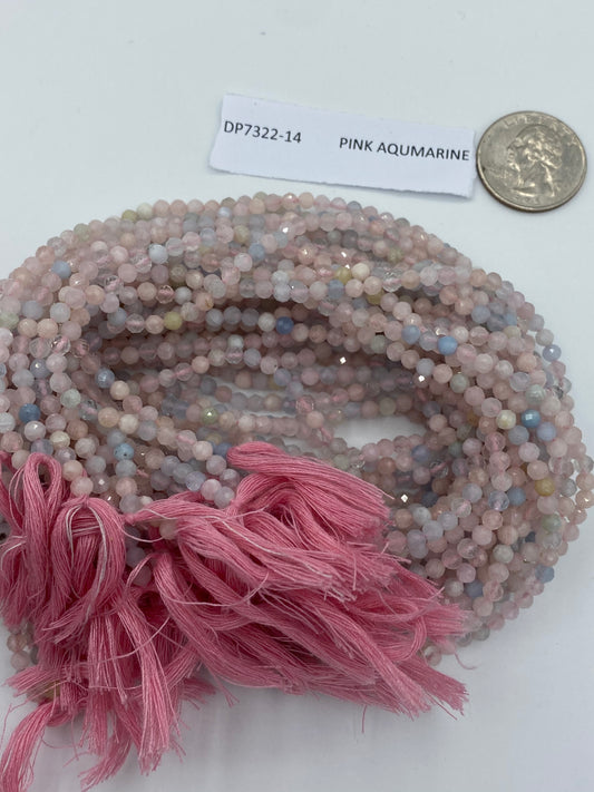 PINK AQUMARINE BEADS ROUND FACETED 3-4MM