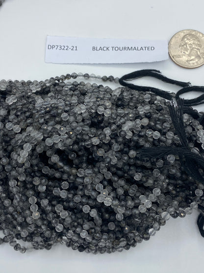 Quartz, Black Rutilated Tourmalinated Quartz Faceted Beads Round Faceted 3-4MM