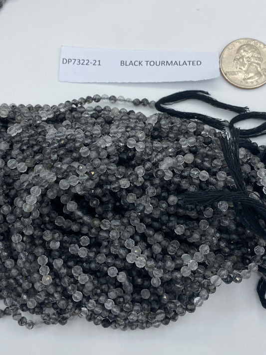 Black Rutilated Tourmalinated Quartz Faceted Beads Round Faceted 3-4MM