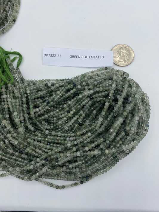 GREEN ROUTAILATED QUARTZ BEADS ROUND FACETED 3-4MM