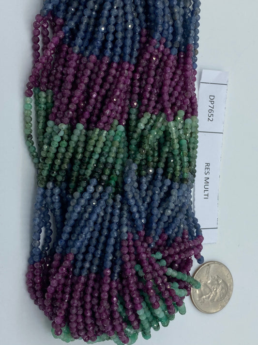 OMBRE RUBY SAPPHIRE AND EMERALD NATURAL BEADS ROUND FACETED 3-4MM
