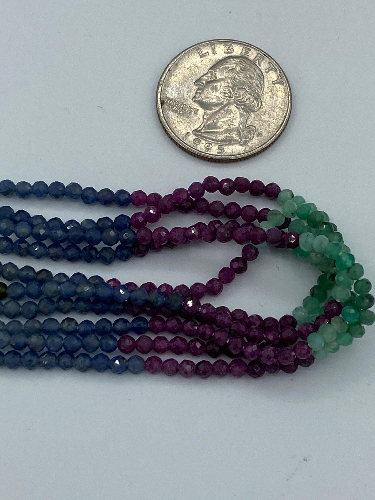 OMBRE RUBY SAPPHIRE AND EMERALD NATURAL BEADS ROUND FACETED 3-4MM