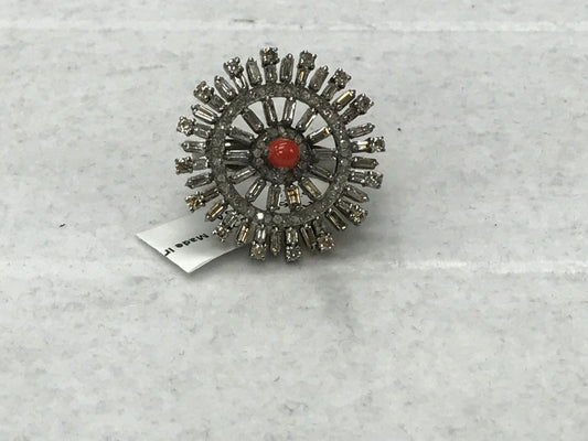Sunburst Diamond Ring with Coral Stone