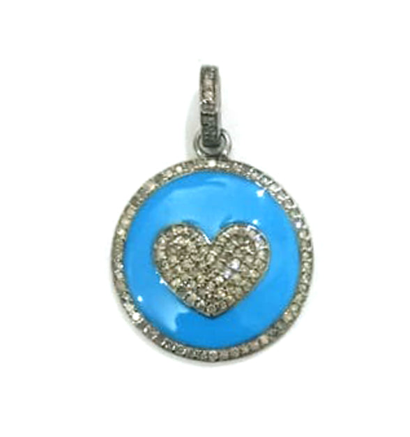 Enamel Heart Shaped Diamond Pendant .925 Oxidized Sterling Silver Diamond Pendant, Genuine handmade pave diamond Charm Size 22 MM