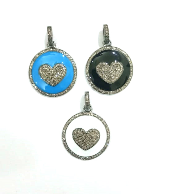 Enamel Heart Shaped Diamond Pendant .925 Oxidized Sterling Silver Diamond Pendant, Genuine handmade pave diamond Charm Size 22 MM