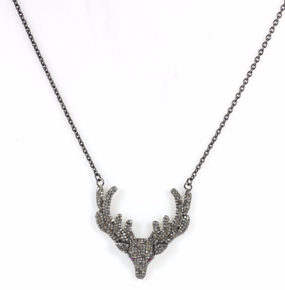 Deer Diamond Necklace .925 Oxidized Sterling Silver Diamond Necklace, Genuine handmade pave diamond Necklace Size Approx 1.40"(35 MM)