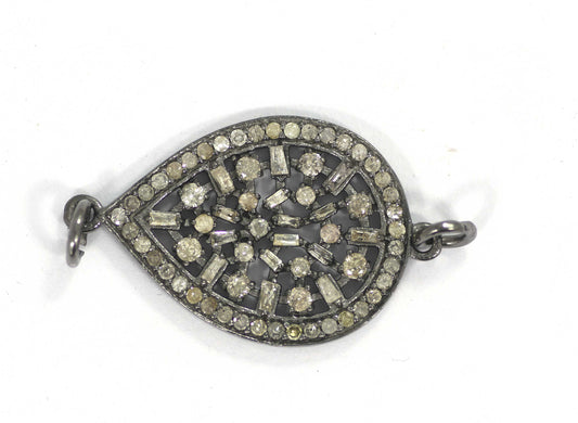 Pear Shape Diamond Connector .925 Oxidized Sterling Silver Diamond Pendant, Genuine handmade pave diamond Pendant.
