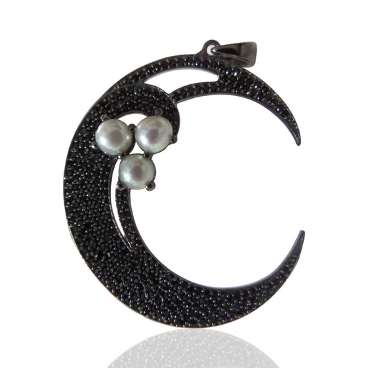 Crescent Moon Black Spinel, Pave Black Spinel , Black Spinel Clover Charm,Approx 1.92'' ( 48 x 36 mm) Oxidized Silver, Silver ,Black Spinel