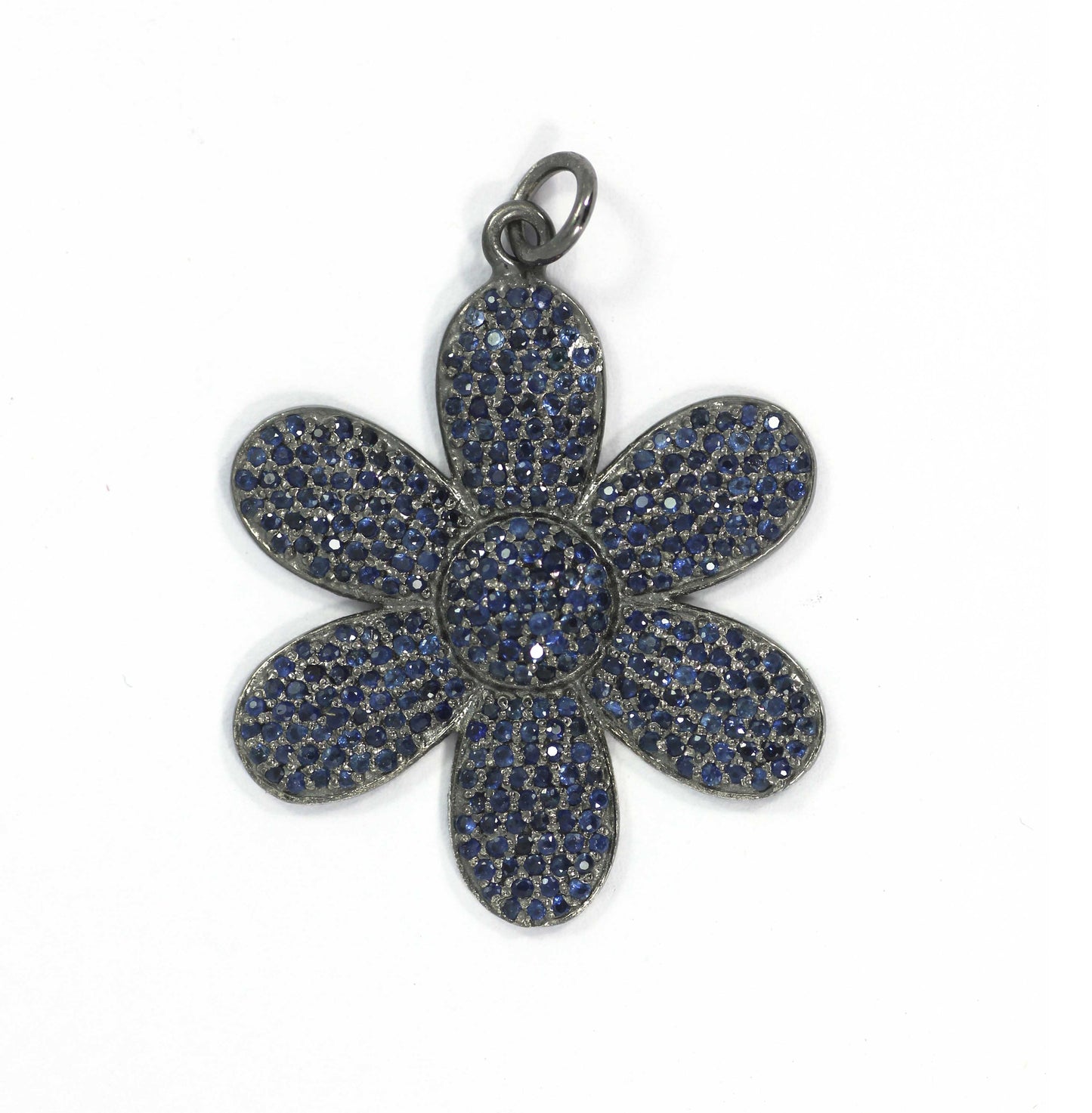 Flower Silver Blue Sapphire Charm .925 Oxidized Sterling Silver Blue Sapphire Charms, Genuine handmade pave Blue Sapphire Charm.