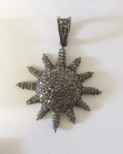 Sun Diamond Pendant .925 Oxidized Sterling Silver Diamond Pendant, Genuine handmade pave diamond Pendant Size Approx 1.52"(30 x 38 MM)