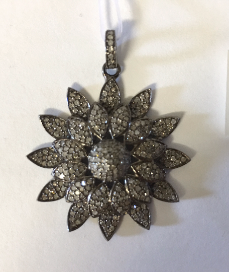 Flower Diamond Pendant .925 Oxidized Sterling Silver Diamond Pendant, Genuine handmade pave diamond Pendant Size Approx 1.40"(35 x 31 MM)