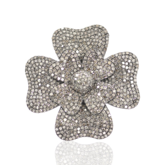 Flower Pave Diamond Ring .925 Oxidized Sterling Silver Diamond Ring, Genuine handmade pave diamond Ring Size Approx 1.16"(14 x 29 MM)