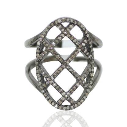 Pave Diamond Ring .925 Oxidized Sterling Silver Diamond Ring, Genuine handmade pave diamond Ring Size Approx 0.96"(24 X 15 MM)