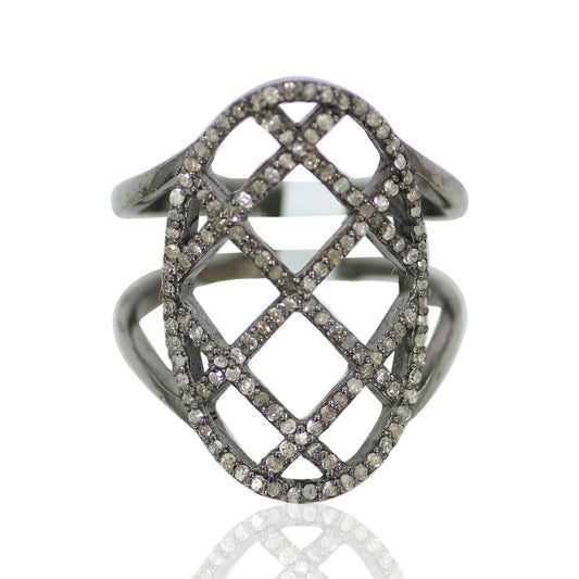 Pave Diamond Ring .925 Oxidized Sterling Silver Diamond Ring, Genuine handmade pave diamond Ring Size Approx 0.96"(24 X 15 MM)