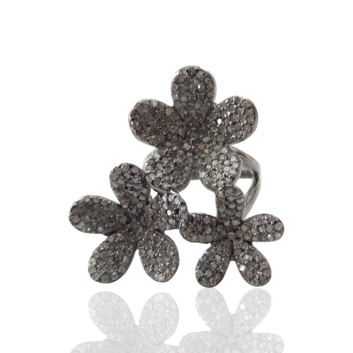 Flower Pave Diamond Ring .925 Oxidized Sterling Silver Diamond Ring, Genuine handmade pave diamond Ring Size Approx 1.20"(28 x 30 mm)