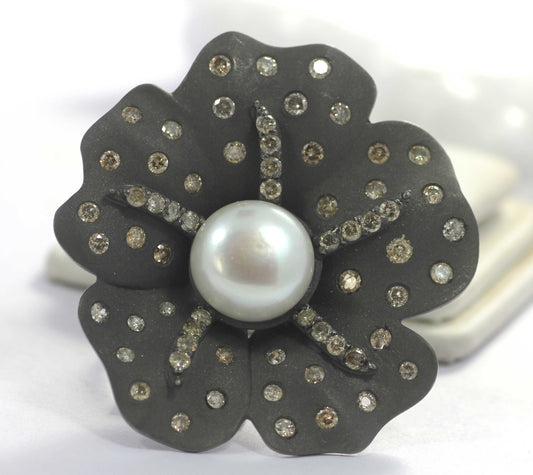 Flower Pave Diamond Ring .925 Oxidized Sterling Silver Diamond Ring, Genuine handmade pave diamond Ring Size Approx 1.20"(30 MM)