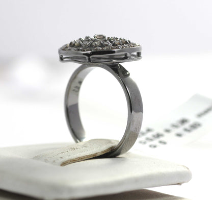Round Shape Diamond Ring .925 Oxidized Sterling Silver Diamond Ring, Genuine handmade pave diamond Ring