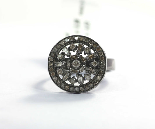 Round Shape Diamond Ring .925 Oxidized Sterling Silver Diamond Ring, Genuine handmade pave diamond Ring