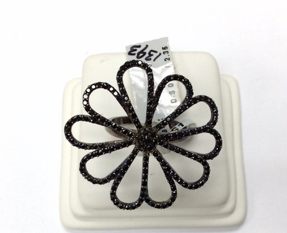 Flower Black Spinal Ring .925 Oxidized Sterling Silver Black Spinal Ring, Genuine handmade pave Black Spinal Ring Size Approx(36x34 mm)