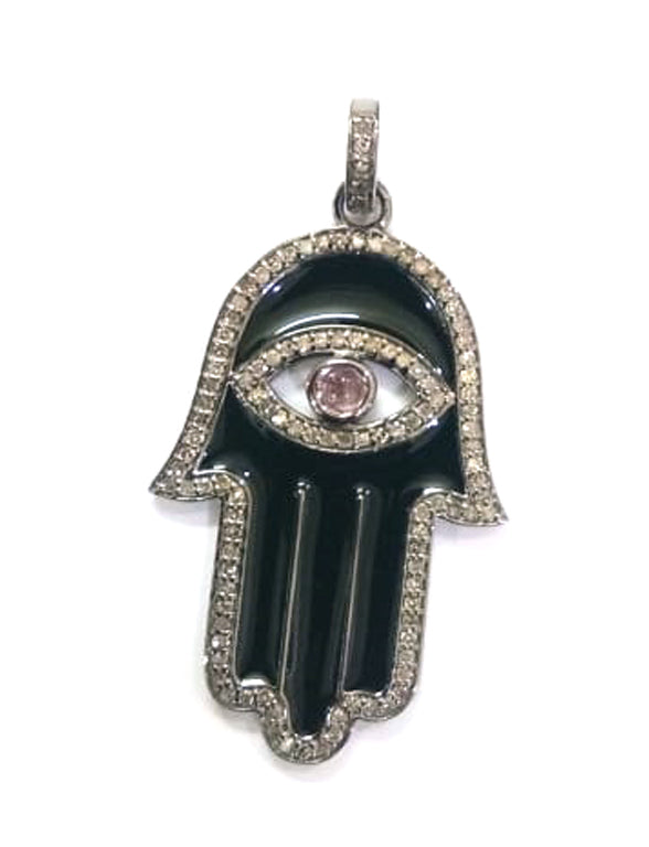 Enamel Hamsa Hand Diamond Pendant .925 Oxidized Sterling Silver Diamond Pendant, Genuine handmade pave diamond Charm Size 56X24 MM