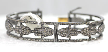 Hamsa Hand Diamond Silver Bracelet .925 Oxidized Sterling Silver Diamond Bracelet, Genuine handmade pave diamond Bracelet. Size 58 mm