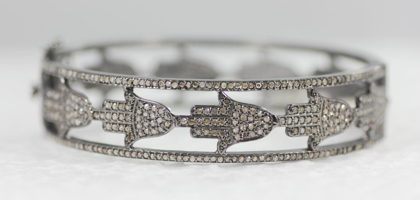 Hamsa Hand Diamond Silver Bracelet .925 Oxidized Sterling Silver Diamond Bracelet, Genuine handmade pave diamond Bracelet. Size 58 mm