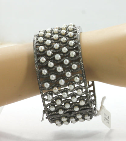 Pearl & Diamond Silver Bangle