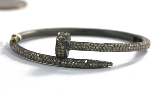 Nail Shape Diamond Silver Bracelet .925 Oxidized Sterling Silver Diamond Bracelet, Genuine handmade pave diamond Bracelet.