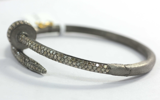 Nail Shape Diamond Silver Bracelet .925 Oxidized Sterling Silver Diamond Bracelet, Genuine handmade pave diamond Bracelet.
