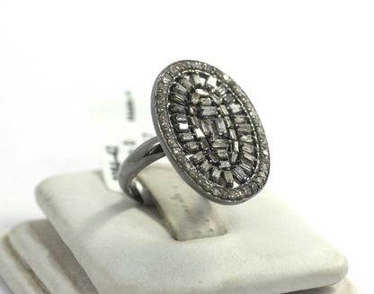 Oval Pave Diamond Ring .925 Oxidized Sterling Silver Diamond Ring, Genuine handmade pave diamond Ring.
