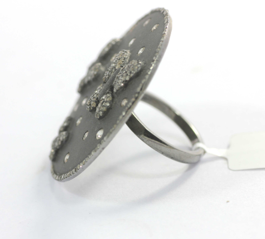 Butterfly on Disc Silver Pave Diamond Ring .925 Oxidized Sterling Silver Diamond Ring, Genuine handmade pave diamond Ring.