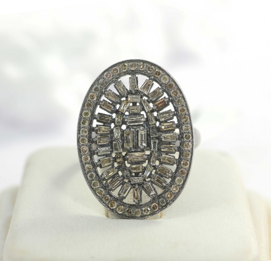 Oval Pave Diamond Ring .925 Oxidized Sterling Silver Diamond Ring, Genuine handmade pave diamond Ring.