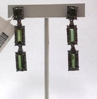 Green Tourmaline cut Rectangle and Diamond Earrings