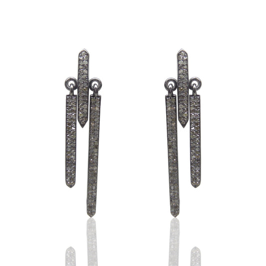 Diamond Silver Earring .925 Oxidized Sterling Silver Diamond Earring, Genuine handmade pave diamond Earring Size 2.0"(50 x 9 MM )