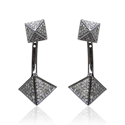 Square Diamond Silver Earring .925 Oxidized Sterling Silver Diamond Earring, Genuine handmade pave diamond Earring Size 1.48"(17 x 37 MM )