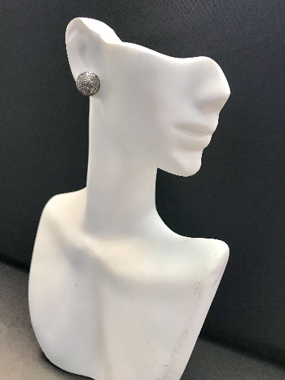 Round Diamond Silver Earring .925 Oxidized Sterling Silver Diamond Earring, Genuine handmade pave diamond Earring Size 0.48"(12 MM )