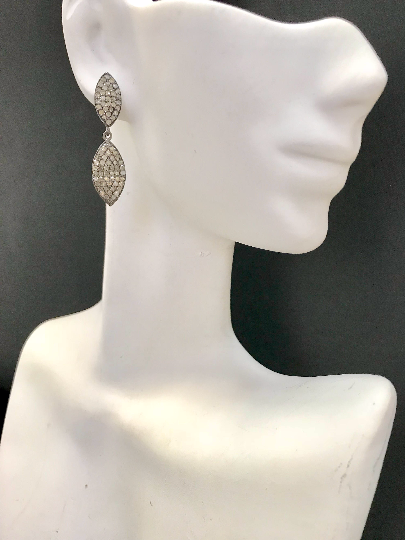 Marquise Diamond Silver Earring .925 Oxidized Sterling Silver Diamond Earring, Genuine handmade pave diamond Earring Size 1.40"(9 x 35 MM )