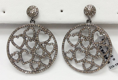 Heart Diamond Silver Earring .925 Oxidized Sterling Silver Diamond Earring, Genuine handmade pave diamond Earring Size 1.80"(32 x 45  MM )