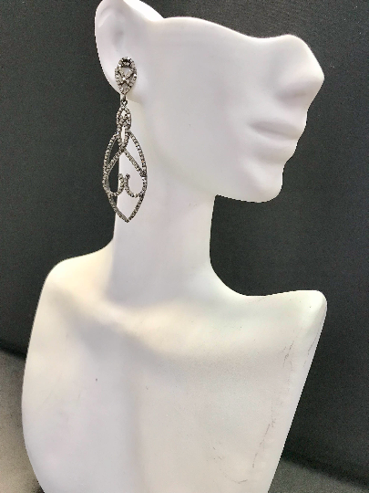 Diamond Art Deco Heart Diamond Earring, Pave Diamond Earring,Pave Art Deco Earring, Approx 58 x 15mm. Sterling Silver