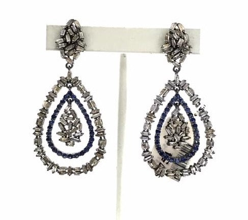 Double Drop Shape Diamond and Blue Sapphire Earring
